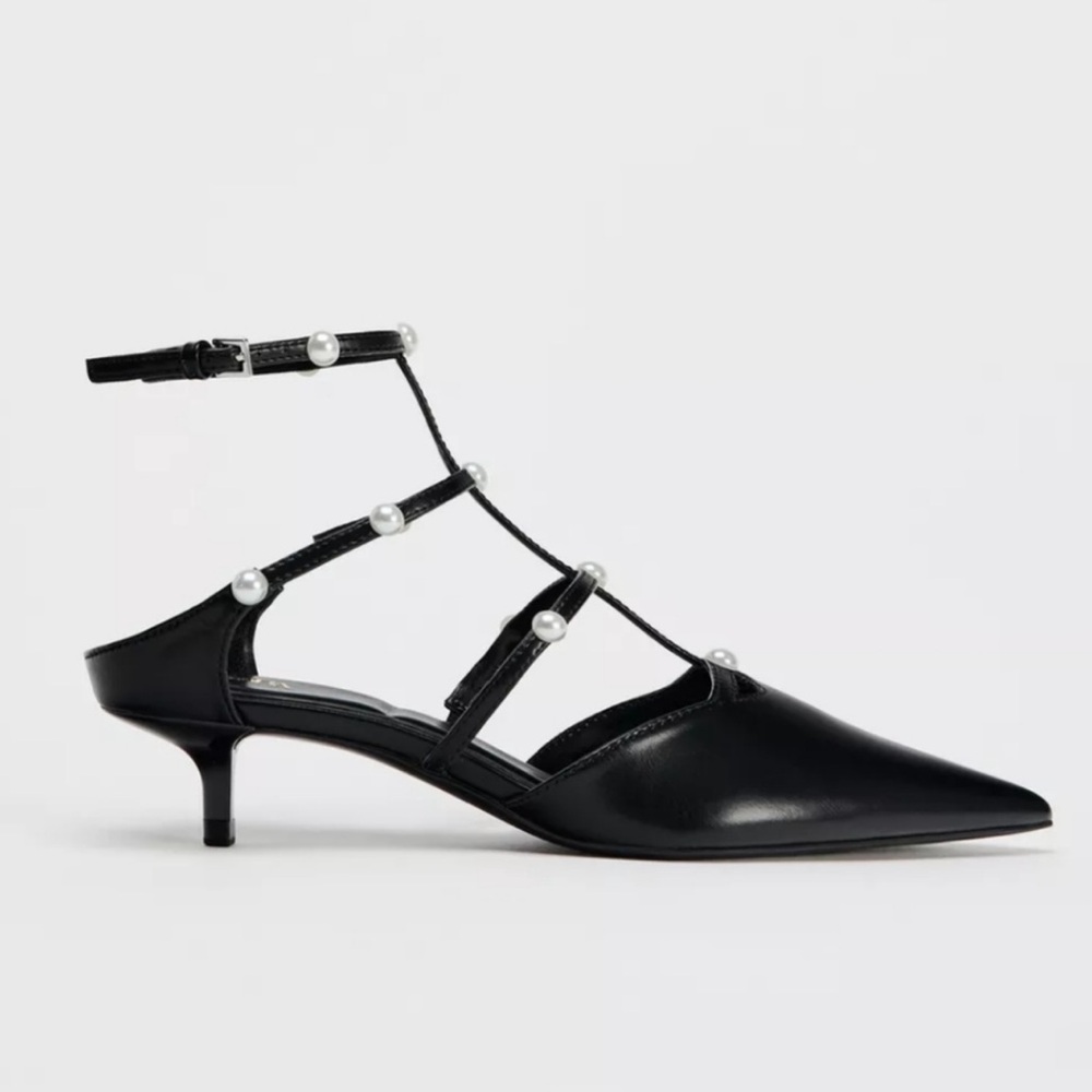 Zara Black Strappy Slingback Side buckle Size 8 Kitten Pearl Pointed toe Heels